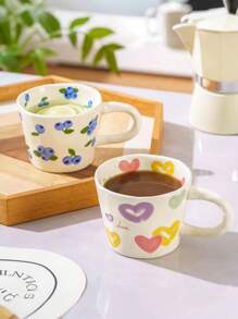 1 Set mehrfarbige, handbemalte Herz-Design Keramiktasse & Untertasse, bunte Muster mit "Liebe" Element - ideal für romantisches Frühstück oder gemütlichen Nachmittagstee, perfektes Geschenk für den Partner, Valentinstag, Jahrestag und andere süße Anlässe