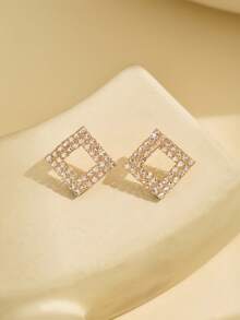 1 对时尚优雅的几何方形水钻耳钉，女士日常休闲生日礼物