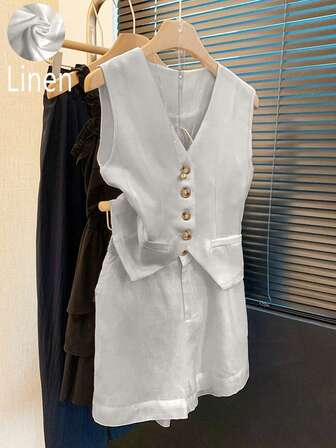 Conjunto de blazer sin mangas de lino, chaleco y pantalones cortos para mujer, conjunto de vestir casual para primavera/verano