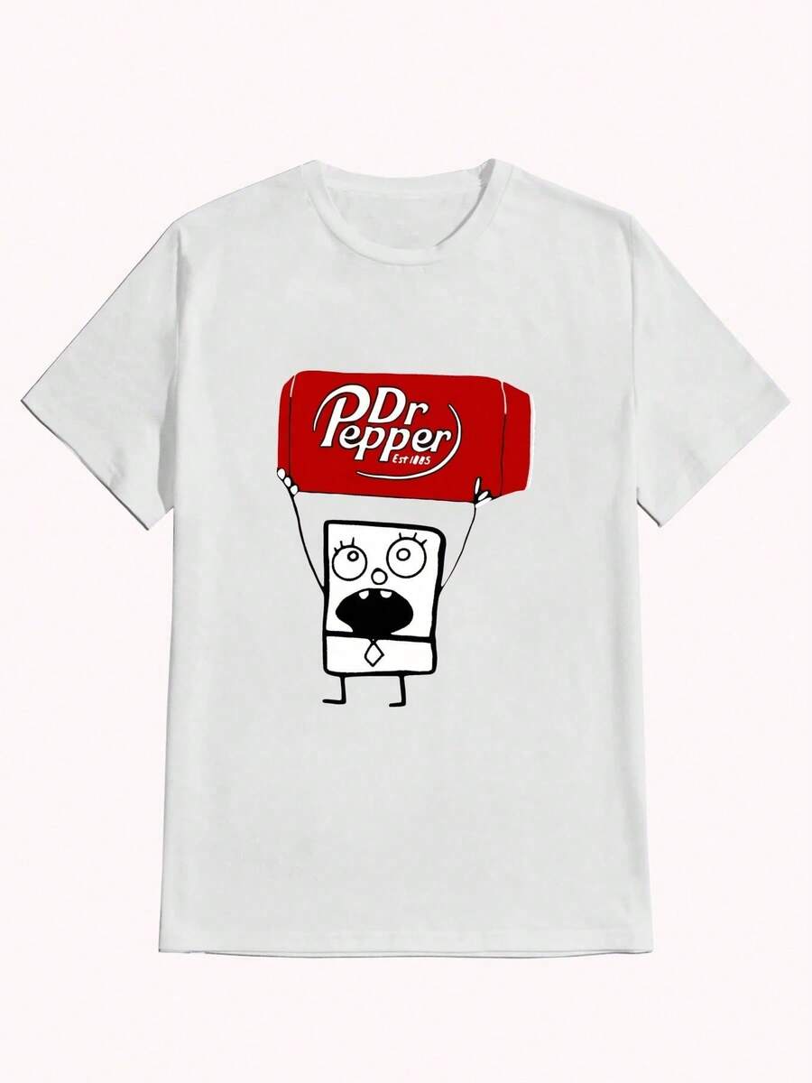 Dr % Pepper Doodlebob Double-Sided ,Casual Print,Comfortable And Versatile,Letter Pattern Pure Cotton 220g Printed T-Shirt Tee - White - View 1