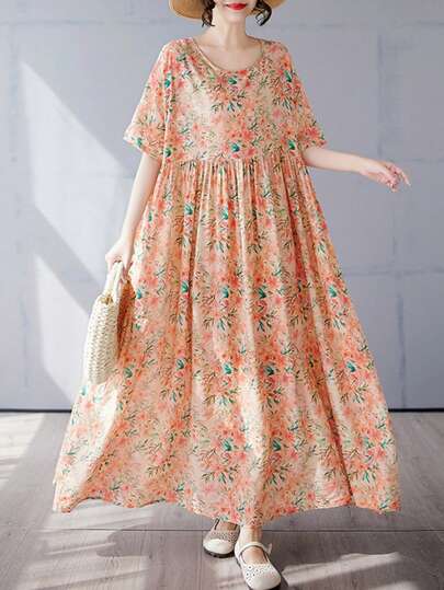 Middle Eastern Style Retro Floral Print Short Sleeve Dress, Spring/Summer