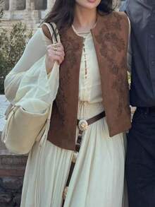 Seelio Spring/Autumn New Women's Embroidered Decoration Fleece Effect Vest