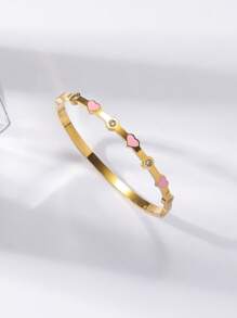 Novo Bracelete de Aço Inoxidável, Acento em Zircônia com Design em Formato de Coração, Design Minimalista, Presente Perfeito