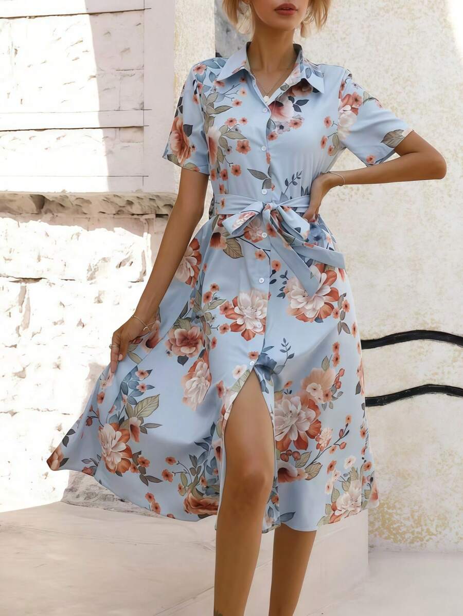 女式夏季休闲花卉印花前扣衬衫裙 - 淺藍色 - 查看 1