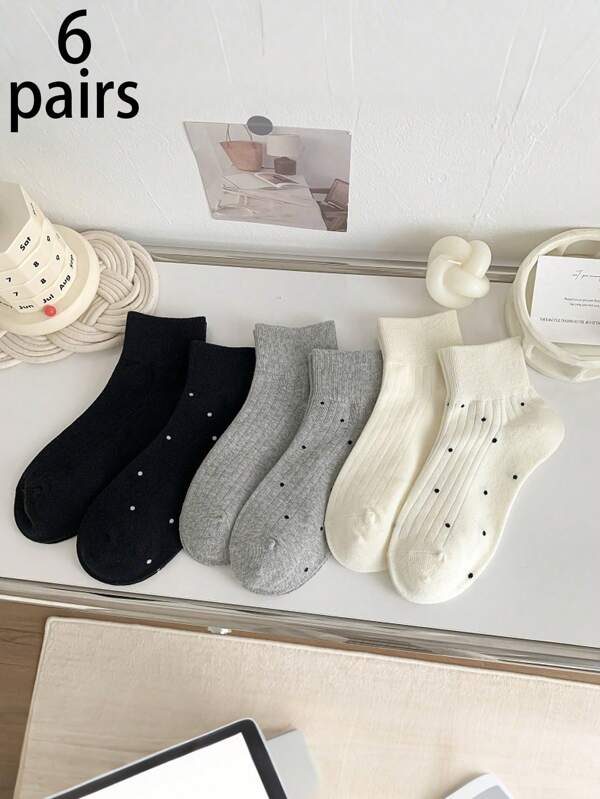 6 Pairs Women Casual Solid Color Short Socks With Polka Dot Pattern, Black/White/Grey, Comfortable & Versatile For Daily Wear, Spring/Summer