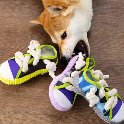 1 件装运动鞋形狗狗咀嚼玩具，带绳结和吱吱球 - 耐用牛津布咀嚼器，适合好斗的咀嚼者，互动吱吱叫声，适合幼犬/成年犬，室内外玩耍