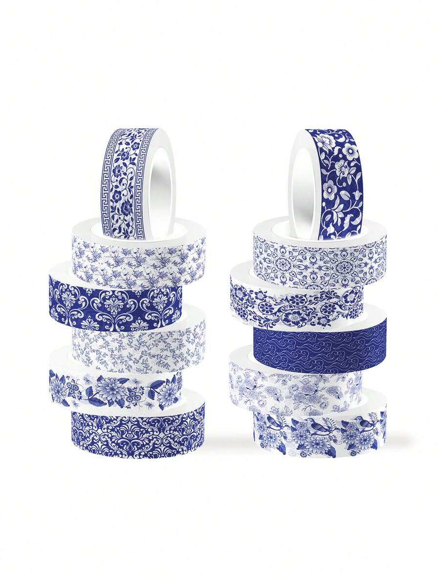 12 Rolls Of Mushroom With Plant Washi Tape Set, Autumn Pattern And Blue Porcelain Pattern Sticker Rolls, Decorative Tape For Diary Decoration, Scrapbook DIY Crafts Decoration Material Stickers, Gift Wrapping And Party Decoration,Back To School,School Supplies - Multicolor - View 1