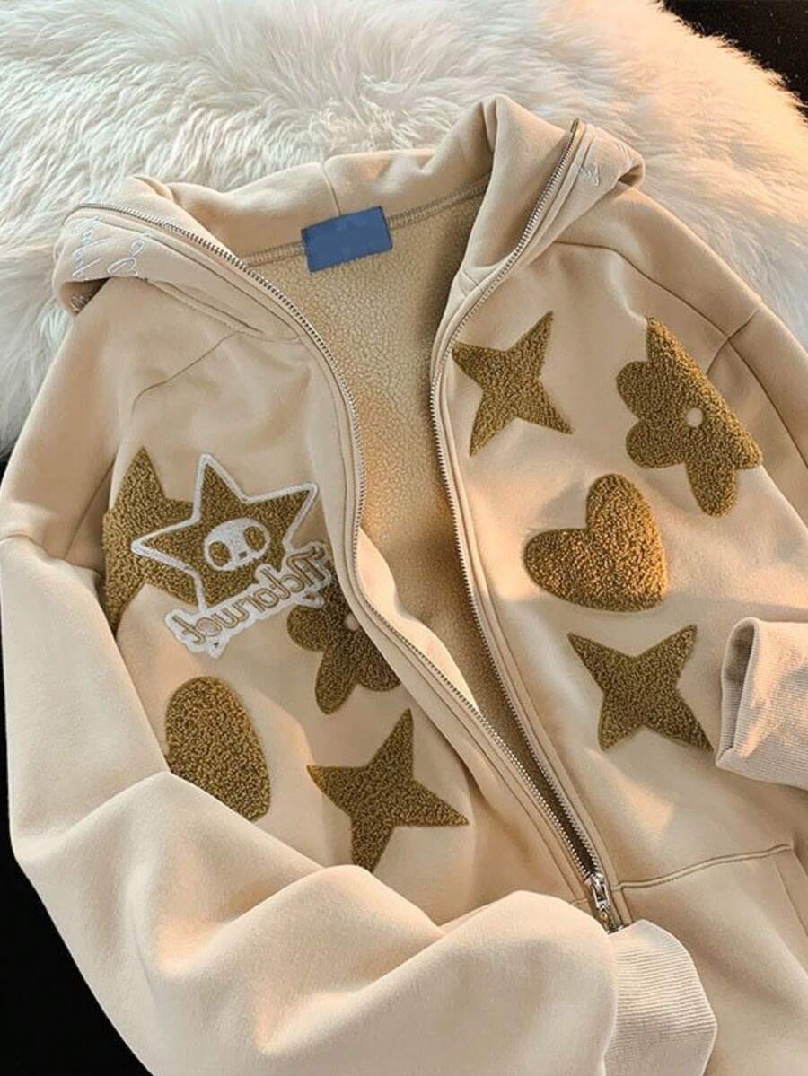 Harajuku Y2k Street Hoodie Hiphop New Retro Hoodie Men's Oversized Autumn Hoodie Letter Coat Zipper Pocket Drawstring - 杏色 - 查看 1