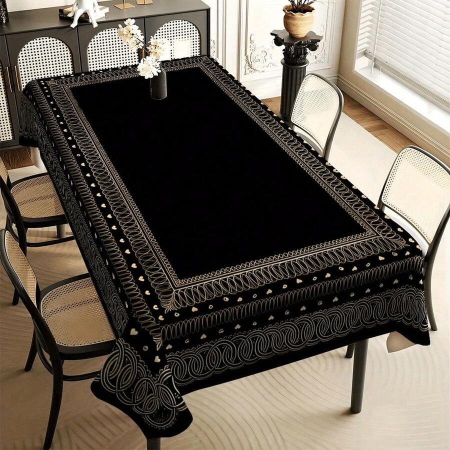 1 pieza Mantel de estilo bohemio de color negro con bordado dorado - Mantel rectangular de poliéster para decoración de comedor, apto para uso en interiores y exteriores, perfecto para fiestas y decoración del hogar, decoración de mesa de comedor de estilo boho, mantel duradero, decoración de mesa