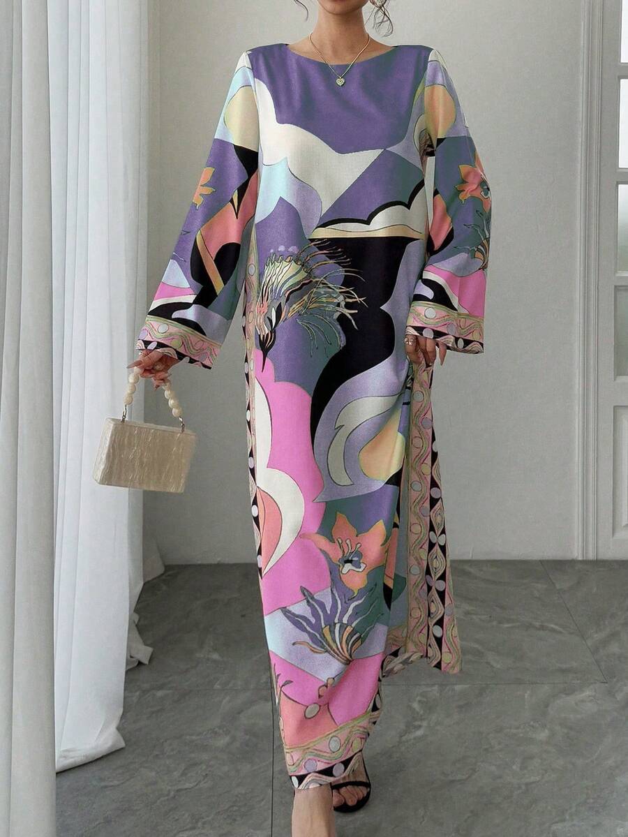 女士奢华圆领长袖宽松优雅休闲透气假日风格长袍，阿拉伯传统长裙，长袍连衣裙，节日礼服