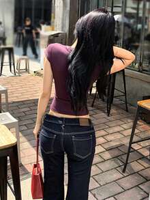 Women Deep V Neck Tops Slim Tie-Up Lace Trim Short Sleeve Crop Shirts Fashion Summer Streetwear - 紫色 - 查看 6
