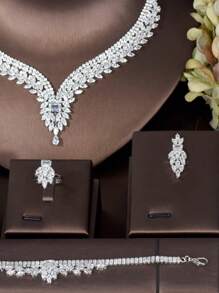 1 set de bijuterii pentru femei, include colier, cercei, brățară, inel, cu decor cu frunze de zirconiu cubic, stil minimalist, potrivit pentru cadou de Ziua Îndrăgostiților