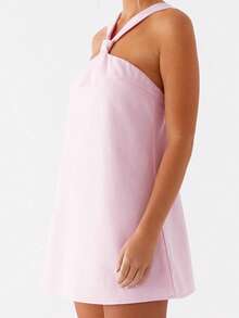 Women Mini Dress Solid Color/Floral Print Halter Neck Backless Dress Summer Fashion Sleeveless Casual Dress - 粉色 - 查看 6