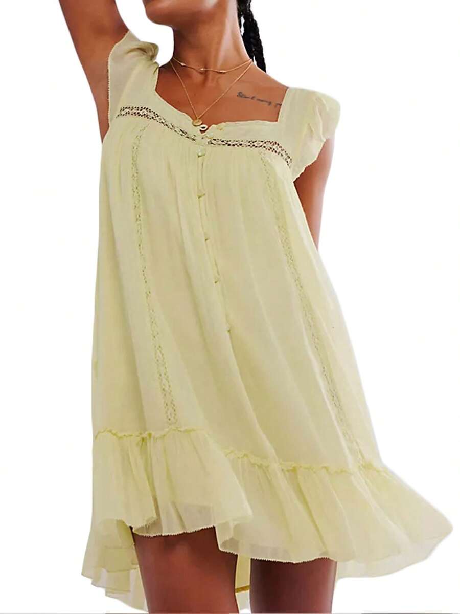 Women Lace Trim Mini Dress Ruffle Flowy Babydoll Dress Spaghetti Strap Loose Sundress Boho Going Out Dresses - Màu vàng - Xem 1