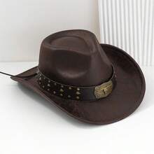 Women Men Cowgirl Hat, Vintage Bull Head Roll-Up Wide Brim Western Hat For Daily Party - Màu nâu - Xem 3