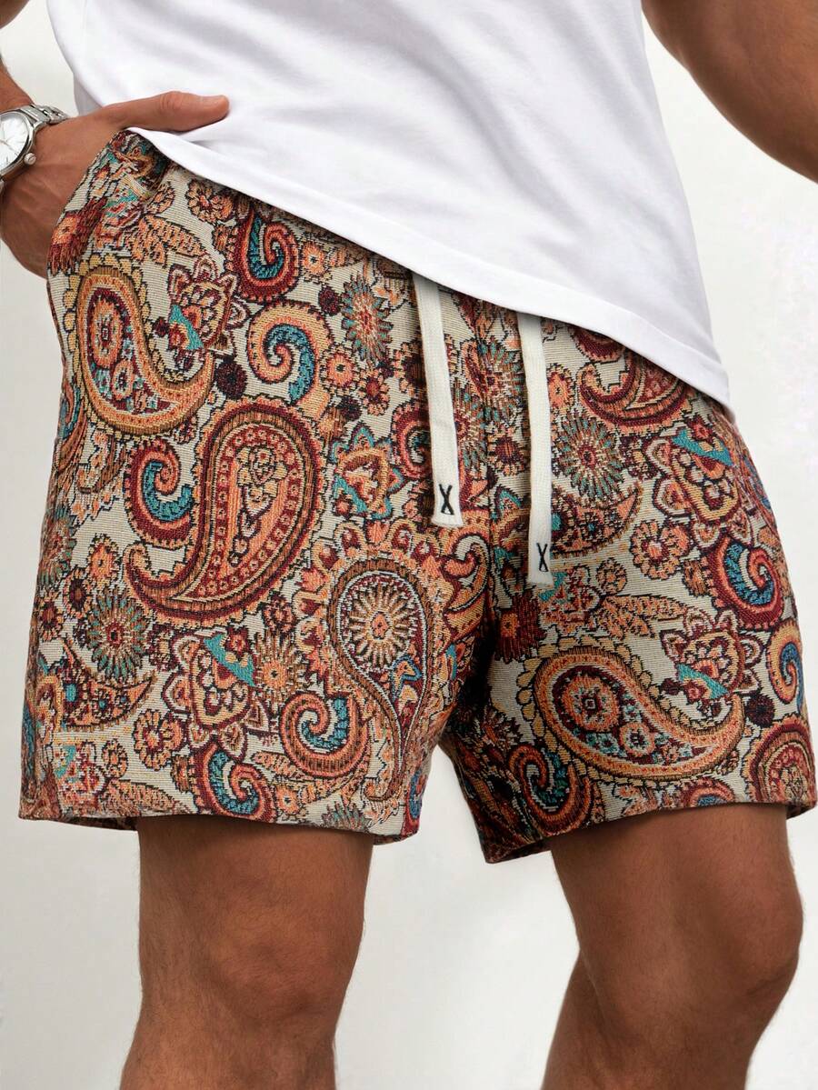 男士休闲海滩度假风 INS 经典绿色花卉编织纹理提花短裤，松紧腰带。非常适合春夏海滩度假，是送给男朋友或老公的理想礼物。