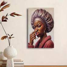 Framed Interesting African American Bathroom Canvas Wall Art, African Toilet Pinching Nose Poster, Humorous Smelly Woman Wall Decorative Poster