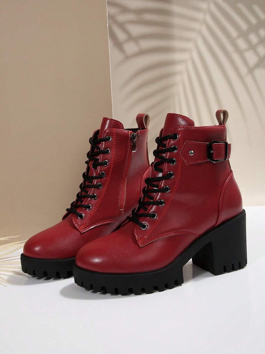 New Women Outdoor Street British Retro Embroidery Classic Turnover Collar Motorcycle Punk Chic Versatile Lace-Up Side Zipper Thick Sole Comfortable Boots - 紅色 - 查看 1