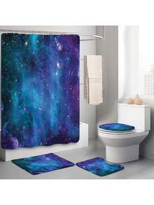 1pc/4pcs Starry Night Sky Print Bathroom Decor Set, Includes Waterproof Shower Curtain With 12 Hooks, Anti-Slip Rug, U-Shaped Mat, Round Toilet Seat Cover, Multi-Functional Bathroom Ensemble Bathroom Accessories Back To School