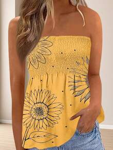 Tops de tubo con volantes fruncidos para mujer, tops bandeau sin tirantes con estampado floral, camisas con dobladillo fluido - amarillo claro - Ver 2