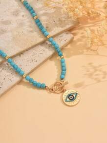 1 pièce Collier fait main avec perles de turquoise, pendentif Ras-du-cou à l'œil de diable créatif, design personnalisé, convient pour un port quotidien, séances photo, soirées
