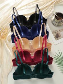 5PCS Women Solid Color Removable Shoulder Strap Bra,(With Steel Ring)Scallop Lace Decoration Push Up Bra 5pcs - Multicolor - View 2