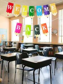 Pancarta de bienvenida de regreso a clases con decoraciones de lápices de colores - Guirnalda con forma de lápices de colores y banderines con iconos escolares para decoración de aula, oficina, hogar, fiesta del primer día de clases
