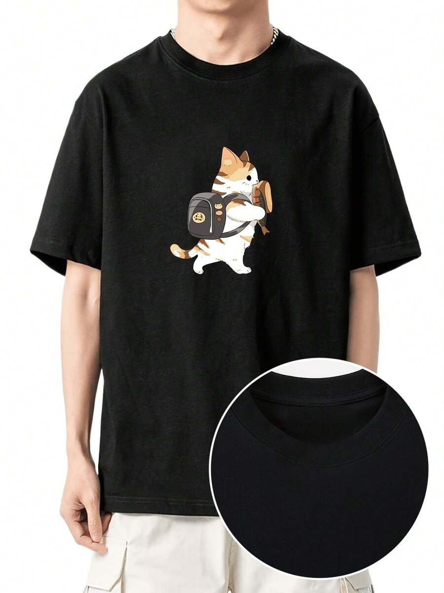男性用黒猫プリントTシャツ - 夏用カジュアル半袖クルーネック、軽量で通気性のある生地、洗濯機洗い可能、デイリーウェアに適したレギュラーフィット、夏のカジュアルウェア| ねこの柄Tシャツ| 軽量Tシャツ - ブラック - チェックする 1