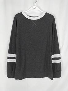 Women Plain Color Block Round Neck Long Sleeve Simple Casual Top - Dark Grey - View 4