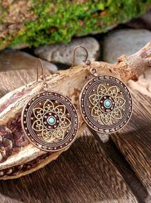 TopHanqi 1 Pair Vintage Bohemian Metal Earrings, Hollow Floral Design With Imitation Turquoise, Suitable For Women Daily Wear, Party Accessory, Commute, Street Style, Versatile, All Seasons