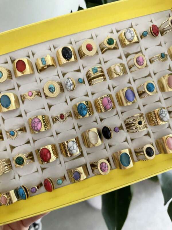 Set de 1/3/6/8/10/12/16/18 anillos personalizados de acero inoxidable chapado en oro de 18K con piedras de ojo de gato de colores, de material natural para uso diario de las mujeres