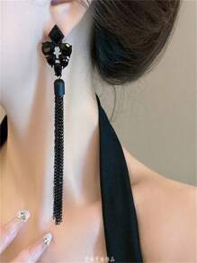 Elegant Black Rhinestone Tassel Chain Drop Earrings, Luxury Minimalist Long Earrings, Versatile