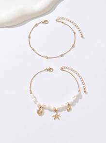 2pcs Bohemian Style Starfish Seashell Anklet For Women, Versatile For Beach Holiday And Daily Wear (Natural Seashells May Vary In Size And Color; Bead Chain Is A Finished Product, And Handmade Beads May Differ Slightly From The Picture)