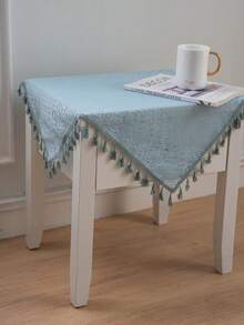 Tokoto 1 块灰蓝色镂空桌布，波西米亚现代亚麻方形桌布，适合圣诞节、万圣节装饰、派对庆典、小桌子、床头柜、沙发、门厅柜，四季皆宜 - 灰藍色 - 查看 4