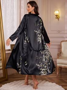 Gold Floral Print Satin Cami Sleep Dress & Belted Robe Pajama Set, Fall Winter Clothes