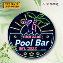 1 Stück runde bedruckte Aluminium Hinweistafel mit Neonlichtern, präsentiert Strand-Atmosphäre mit Cocktails, Palmen und Sonnenschein, erzeugt eine tropische Resort-Stimmung. Diese Beschilderung ist ideal für Pool-Bars und Strand-Erholungsbereiche in tropischen Resorts und macht ein perfektes Geschenk für Reiseliebhaber, um ihr Verlangen nach einem Strandurlaub zu erfüllen.