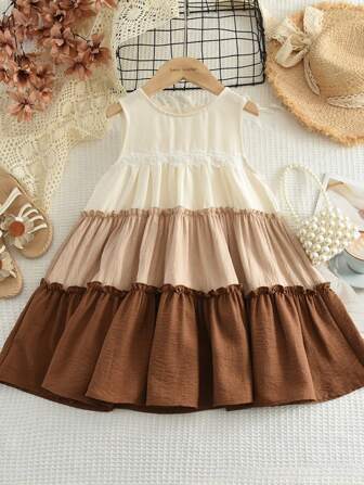 Summer Sleeveless Lace Young Girls Clothes Plain Color Block Spliced Princess Dress 4-7 Years Casual Young Girl Outfits