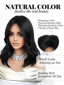 16 Inch Long Body Wave Black Synthetic Wig Middle Part Blonde Long Curly Wig For Women Daily Paty Cosplay Wigs, Vacation Travel Family Party Everyday Wear, Mother's Day Gifts, Halloween Christmas Gifts, Gifts For Girlfriends, Gifts For Girlfriends - 黑色 - 查看 7