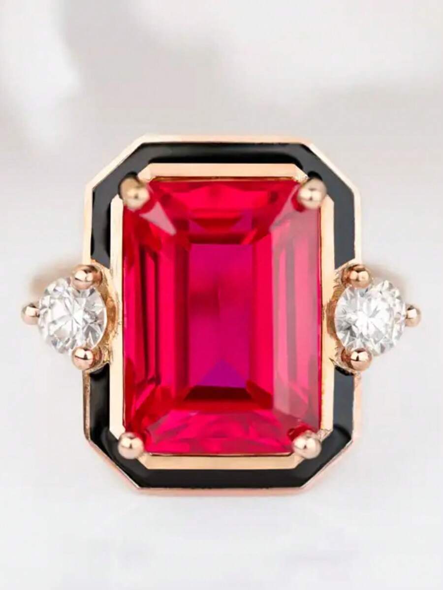 1pc Red Cubic Zirconia Drop Oil Ring, Suitable For Daily Wear For Women