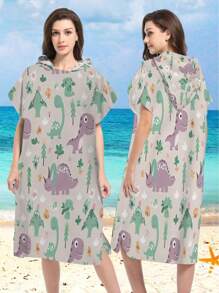 1pc Adorable Cartoon Printed Hooded Beach Towel Wrap, Wearable And Absorbent, Soft Polyester Material, Quick Drying, Sand-Free, Ideal For Travel, Swimming, Park, Sun Protection, Outdoor, Beach, Pool, A Must-Have Holiday Item For Utmost Comfort Back To School