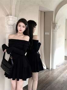 キャバドレス レディース 長袖 肩出し ミニドレス セクシー 肩出し フレア袖 タイトワンピース ショート丈 パーティー ボートネック 過激 キャバ嬢 ボディコン 披露宴 - ブラック - チェックする 2