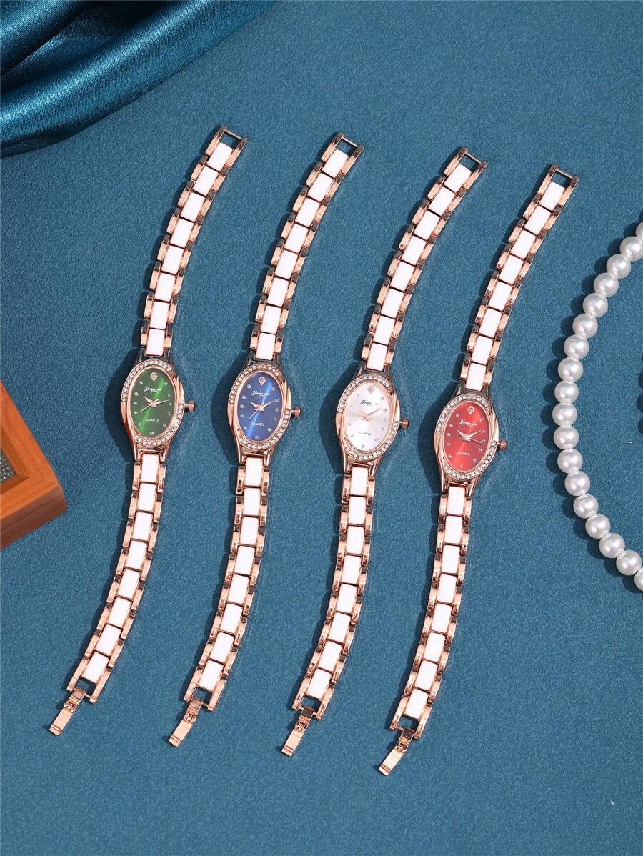 1 Peça Relógio de Quartzo Feminino Clássico Minimalista com Pulseira de Cerâmica Branca, Mostrador Oval Incrustado de Zircônia, Adequado para o Dia a Dia, Festas, Presentes de Aniversário