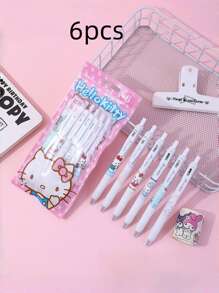 Set de 6 bolígrafos de agarre suave con motivos de dibujos animados, como Hello Kitty, Kuromi, Cinnamoroll y Pochacco, en color negro, adecuados para uso diario, decoraciones de fiesta, regalos de fiesta, regalos navideños y regalos de vuelta al colegio.