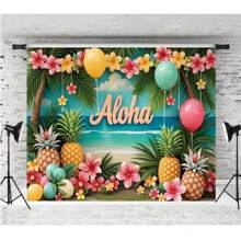 2D Flat 1 Piece Hawaiian Seaside Outdoor Theme Background Banner Aloha Alphabet Pineapple Floral Pattern For Hawaiian Seaside Party Background For Vacation Party Moments Photography Background Decoration Props Vinyl Material