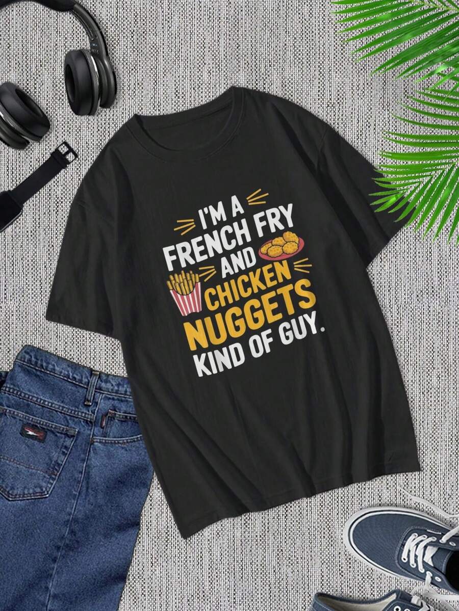 Camiseta divertida de nuggets de pollo con papas fritas - Camiseta para amantes de la comida para hombres y mujeres - Ropa para amantes de la comida rápida - Parte superior informal de manga corta - Tallas para jóvenes y adultos - Negro - Ver 1