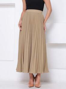 LXC Women's Pleated Skirt, Women's Vintage Midi Skirt, Elegant High Waist Long Skirt, Simple, Casual, Pleated, Office, Wedding - 卡其色 - 查看 1