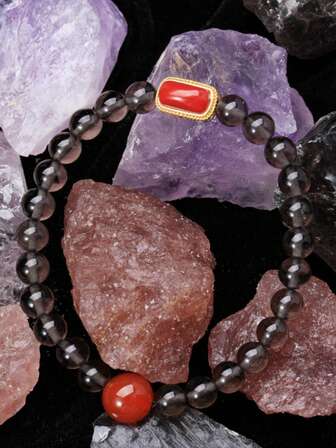 1 件天然黑曜石和红玛瑙 6 毫米手链，消除负能量，增强磁场，男女适用风水首饰