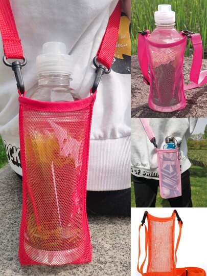 1pc Sports Water Bottle Mesh Bag With Shoulder Strap, Adjustable, Portable Water Cup Holder, Universal Insulated Bottle Pouch For Outdoor Sports, Camping, Travel