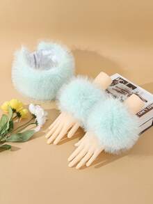 2pcs/Set Fashionable Solid Color Faux Fur Soft Fluffy Warm Headband And Arm Warmers, Autumn/Winter