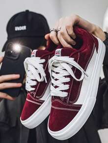 Men's Canvas Shoes, 4 Colors, Fashionable Solid Color Classic Round Toe Lace-Up Casual Shoes, Suitable For Teenagers, Students, Versatile, Shiny 3-Layer Vulcanized Soles, For Party, Outdoor, Travel, Streetwear, Comfortable Fabric, ,Gym - Burgundy - View 4